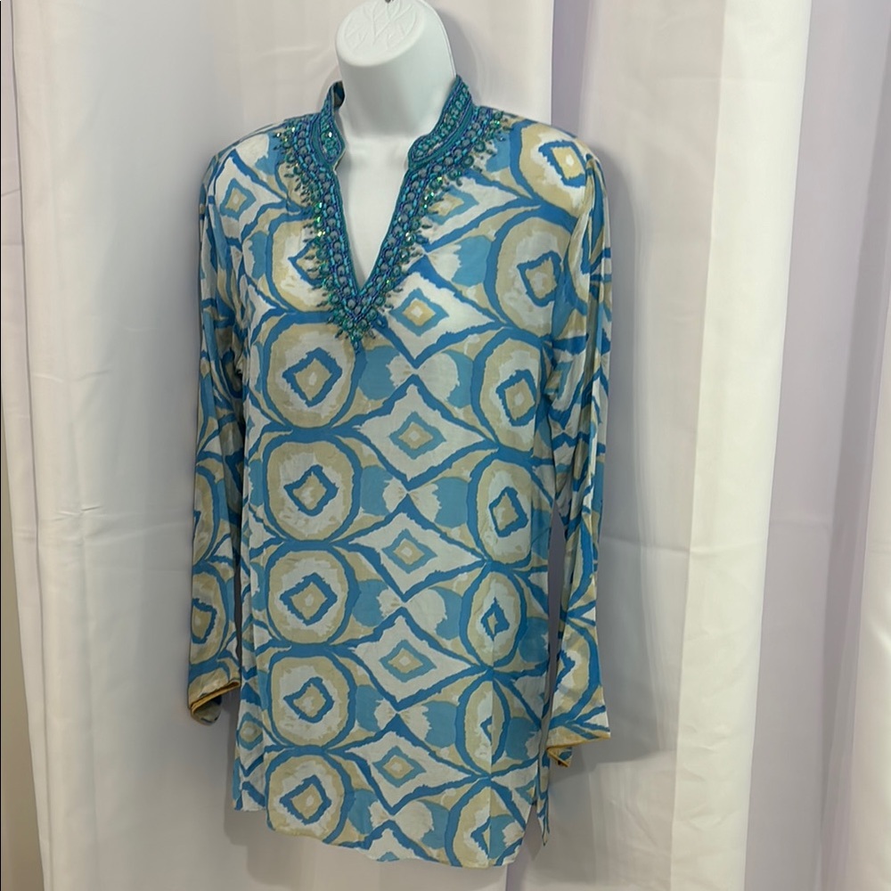 Blue and Cream Women's Top